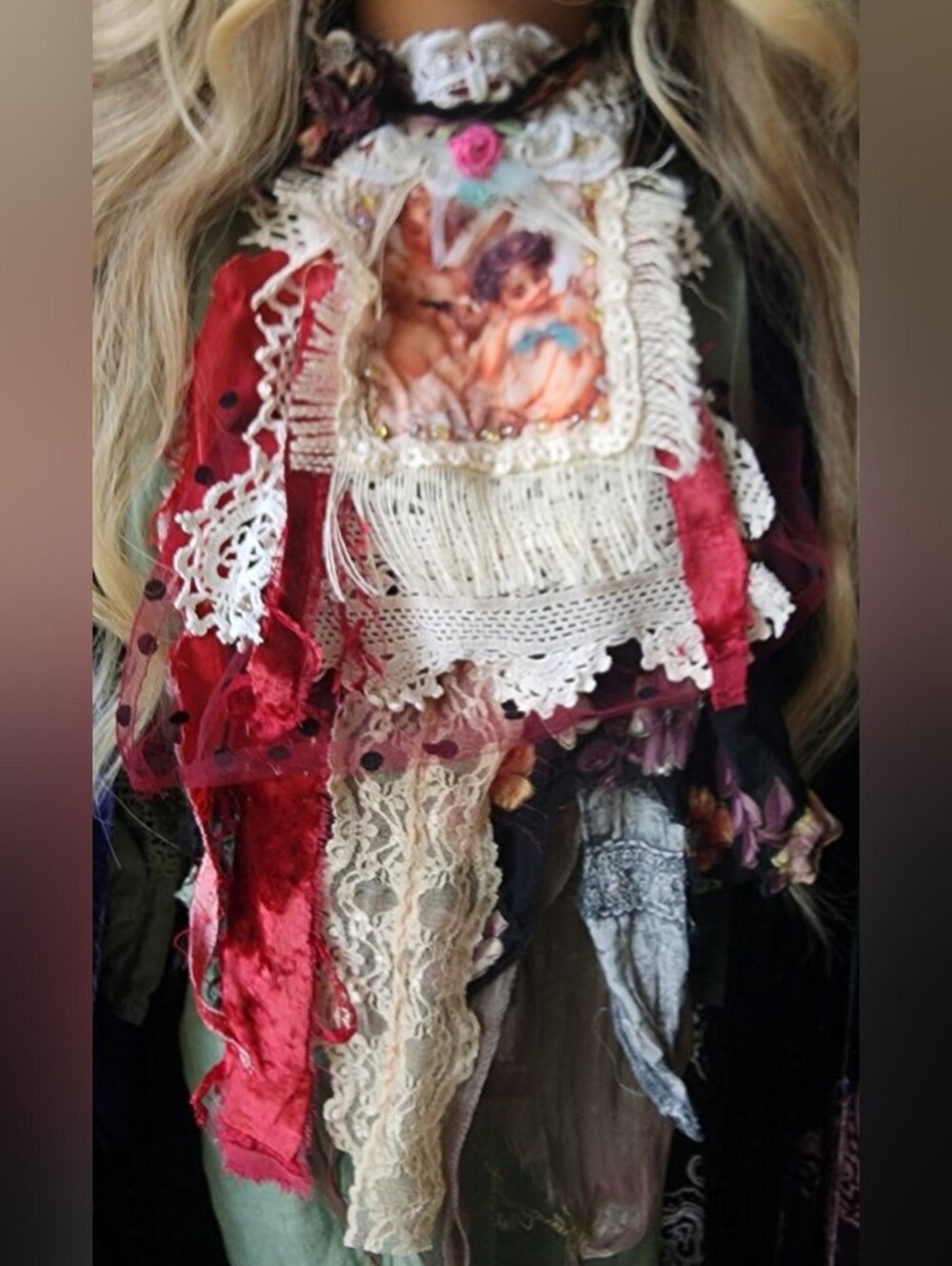 Victorian Jabot Avant-garde Upcycled Vintage Lace Burgundy Velvet Angel Aplique